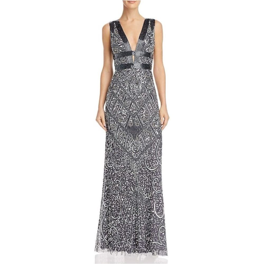 Aidan Mattox Black and Silver Sequin Maxi Dress